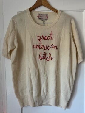 Lingua Franca 100% Cashmere Cream Short-Sleeve Sweater with Embroidered Slogan